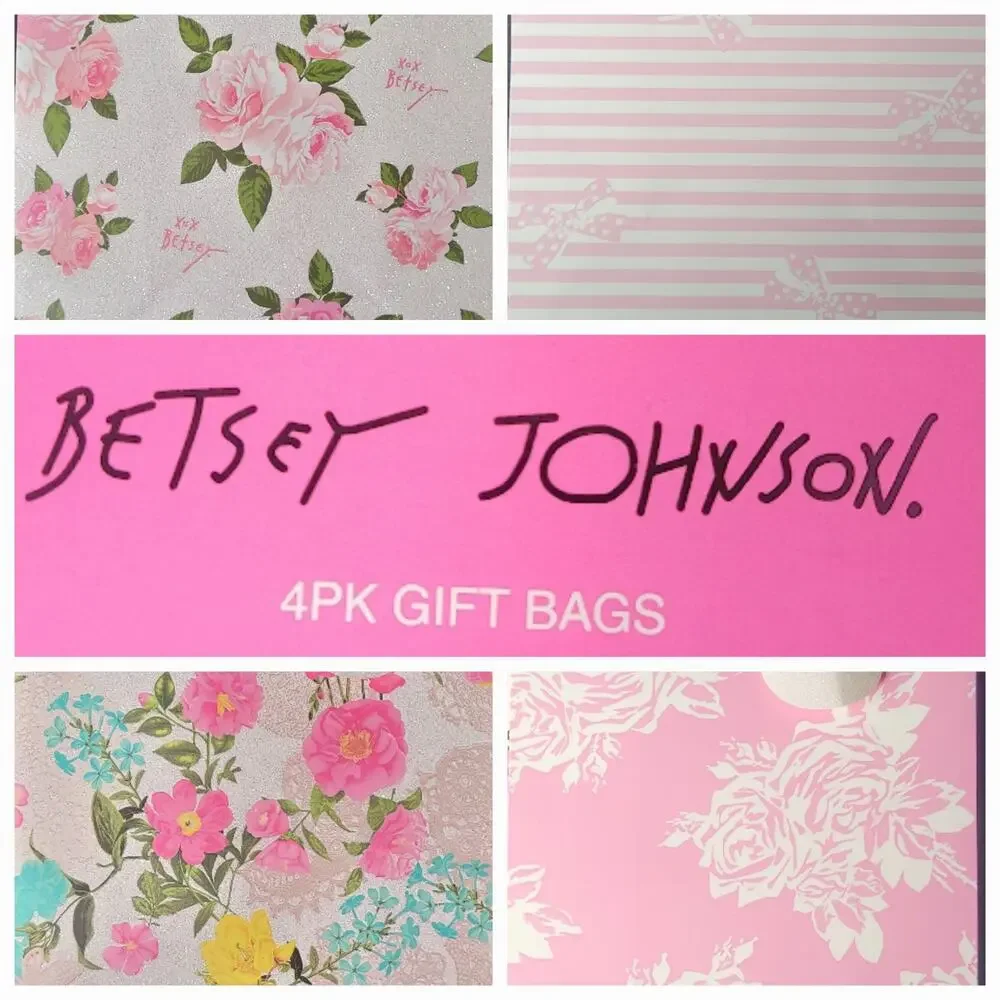 Betsey‎ Johnson 4 Pack Gift Bag Pink Flowers Stripes Bow Glitter Coquette NWT